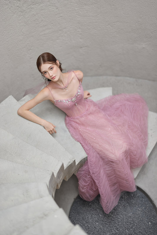 Dusty Rose Tulle A-Line Evening Gown with Crystal Beading & Draped Scarf
