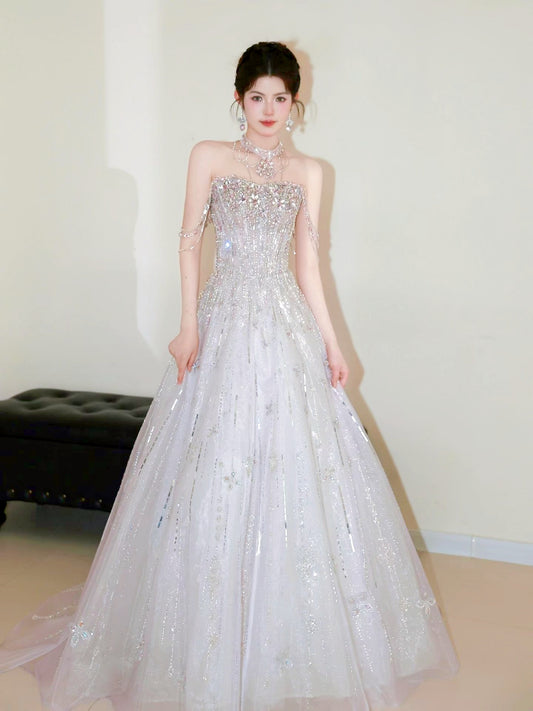 Close view of Sparkly Crystal Beaded Ball Gown | Strapless Corset Formal Dress