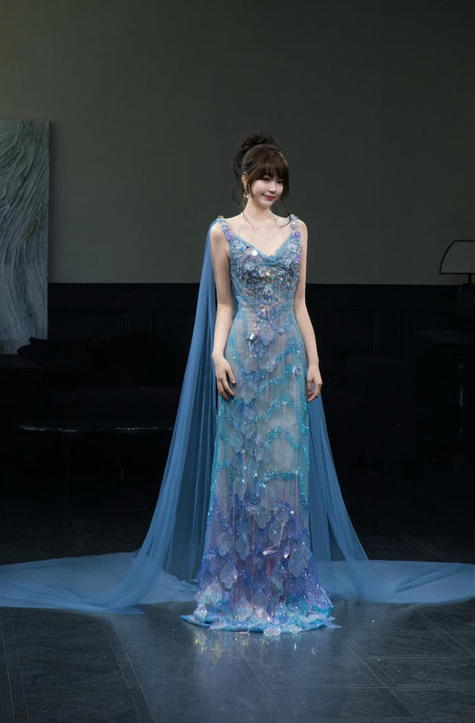 Ice Blue Crystal Beaded Evening Gown with Cape | Sheath Formal Dress
