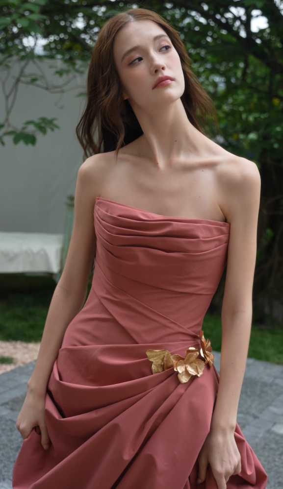 Rose draped strapless A-line wedding Side view