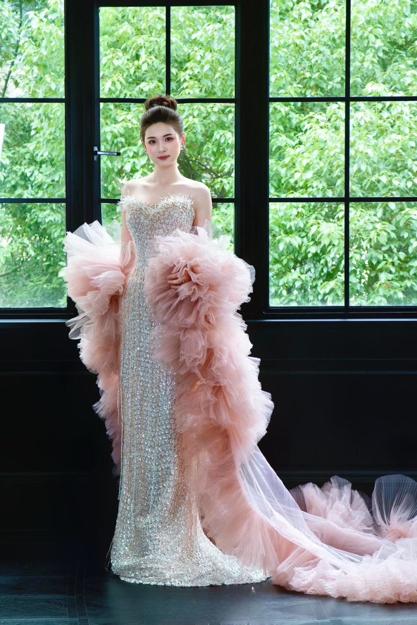 Luxury Crystal Beaded Column Evening Gown with Detachable Pink Tulle Sleeves