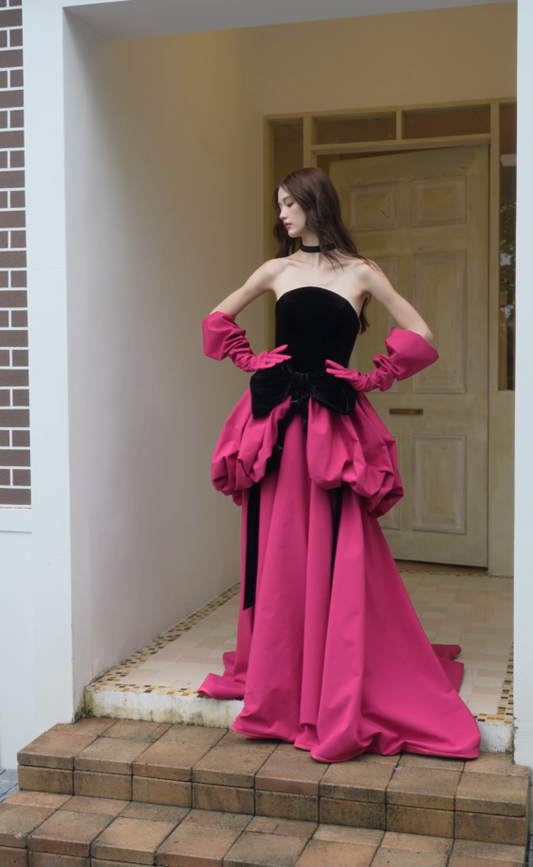 Front view of strapless velvet ball gown wedding dress