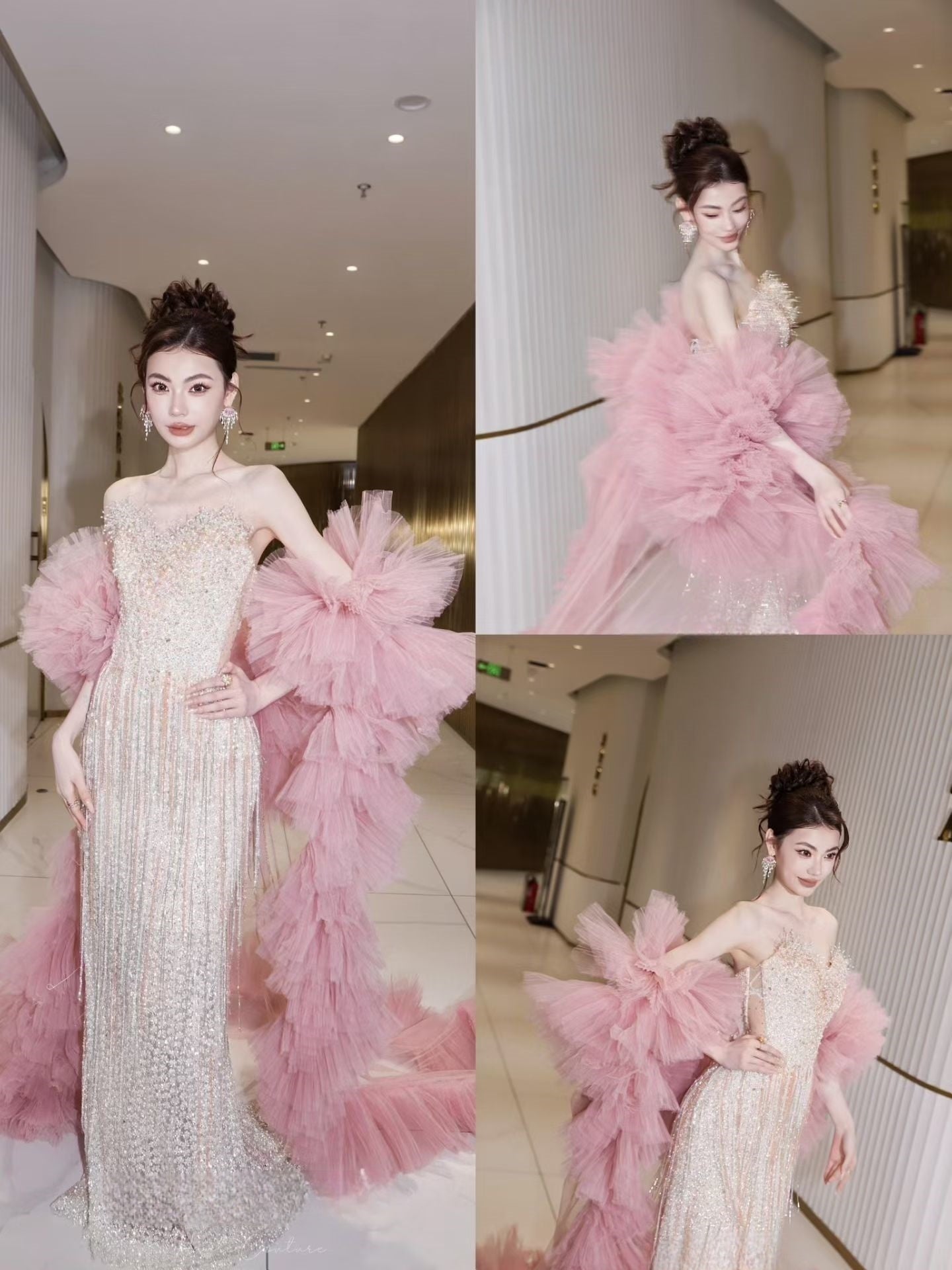 Luxury Crystal Beaded Column Evening Gown with Detachable Pink Tulle Sleeves