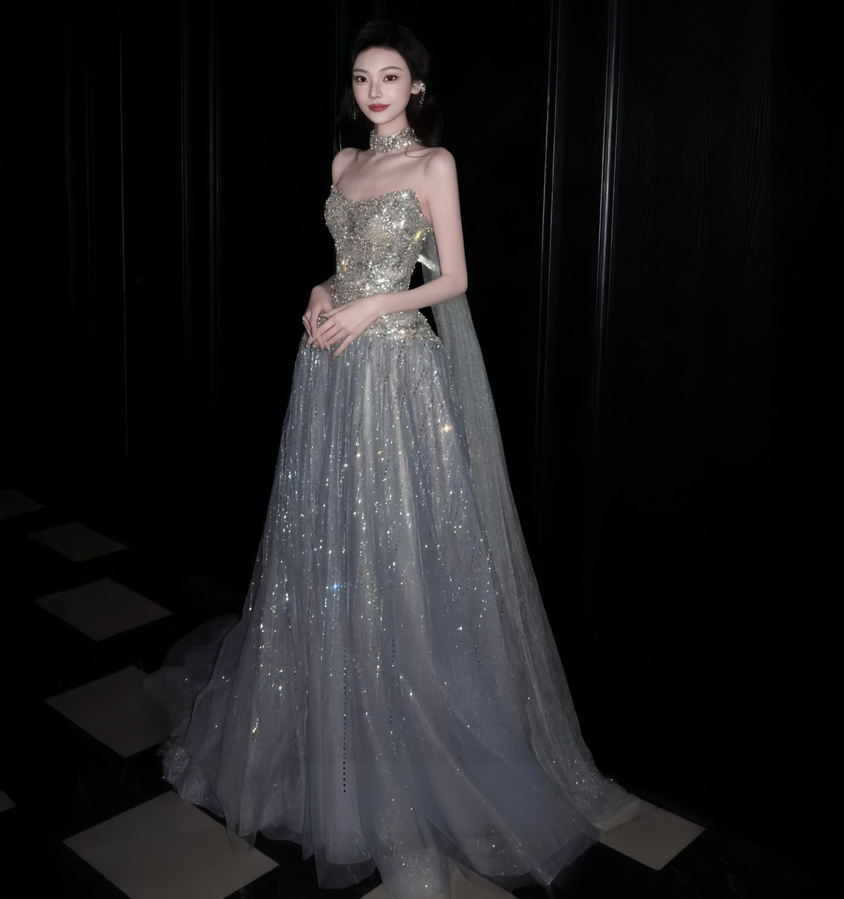 Silver Crystal Beaded A-Line Evening Gown with Glitter Tulle Cape