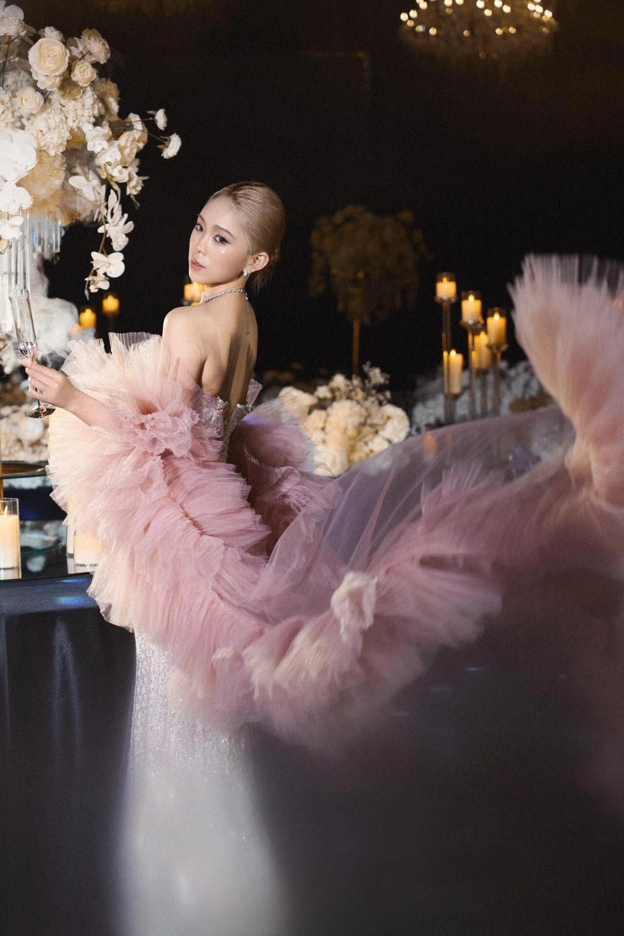 Luxury Crystal Beaded Column Evening Gown with Detachable Pink Tulle Sleeves