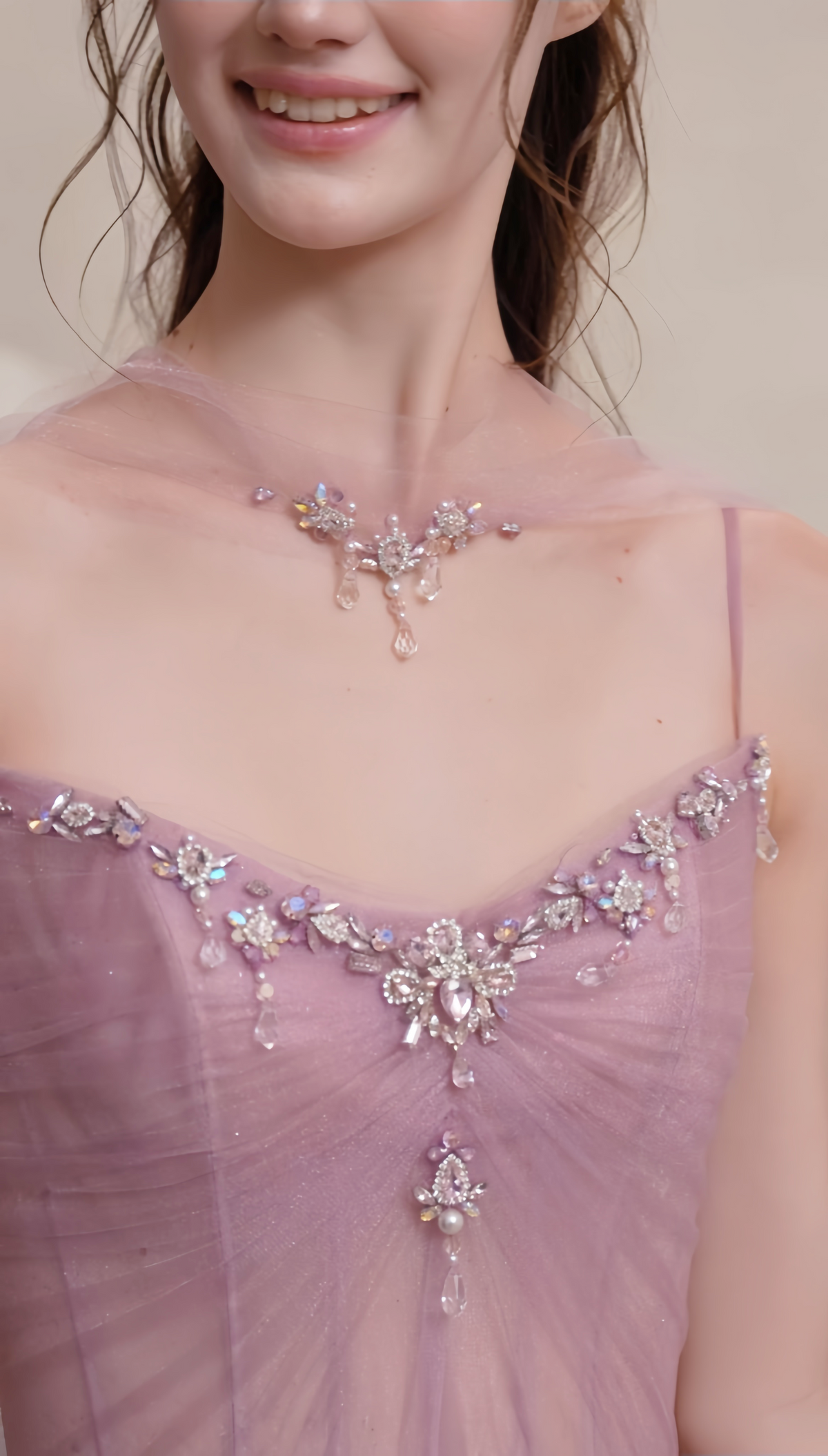 Dusty Rose Tulle A-Line Evening Gown with Crystal Beading & Draped Scarf