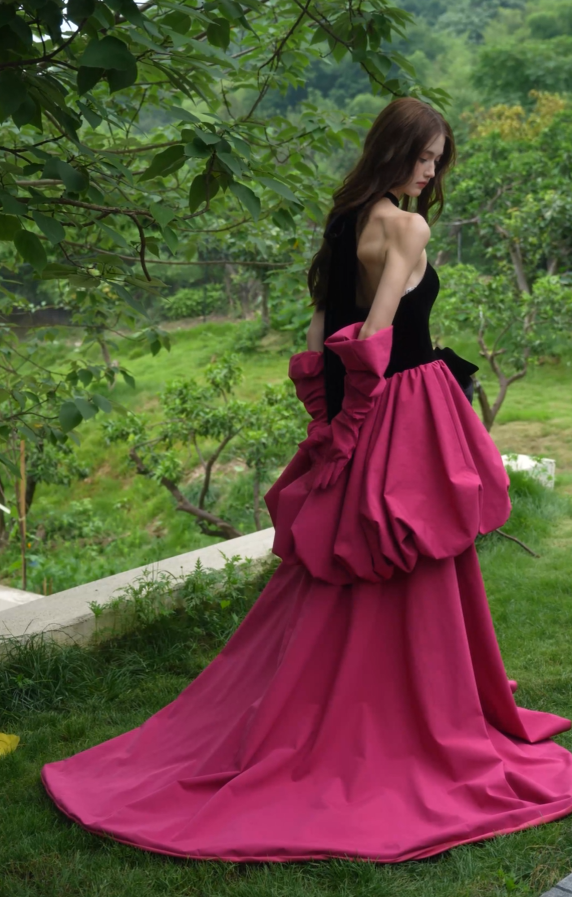 Side view of luxury velvet wedding dress