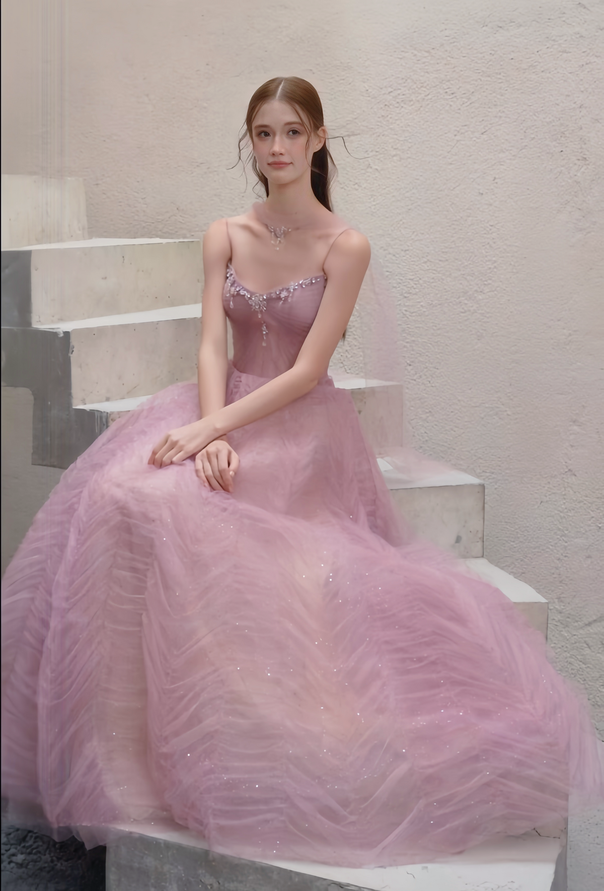 Dusty Rose Tulle A-Line Evening Gown with Crystal Beading & Draped Scarf