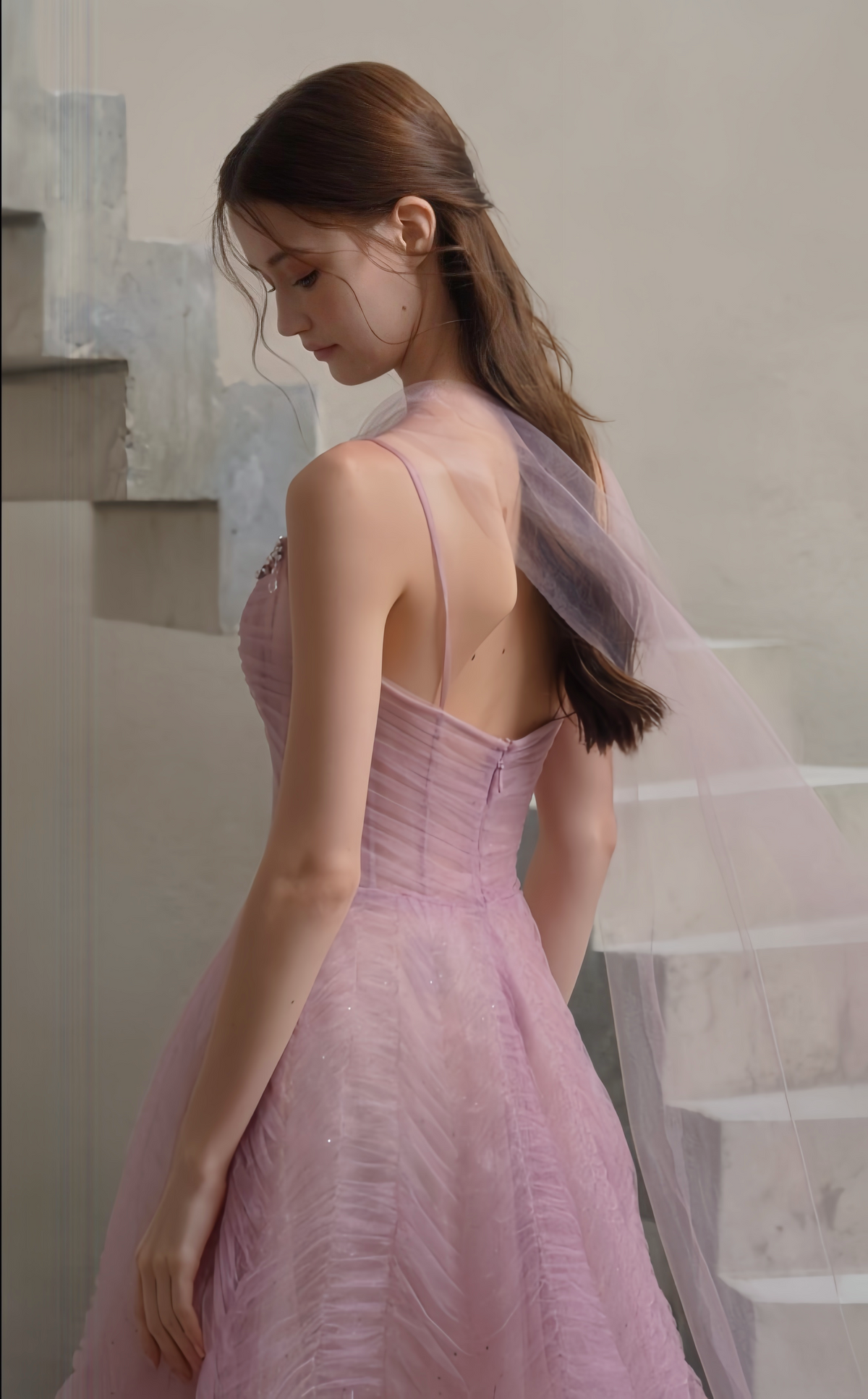 Dusty Rose Tulle A-Line Evening Gown with Crystal Beading & Draped Scarf