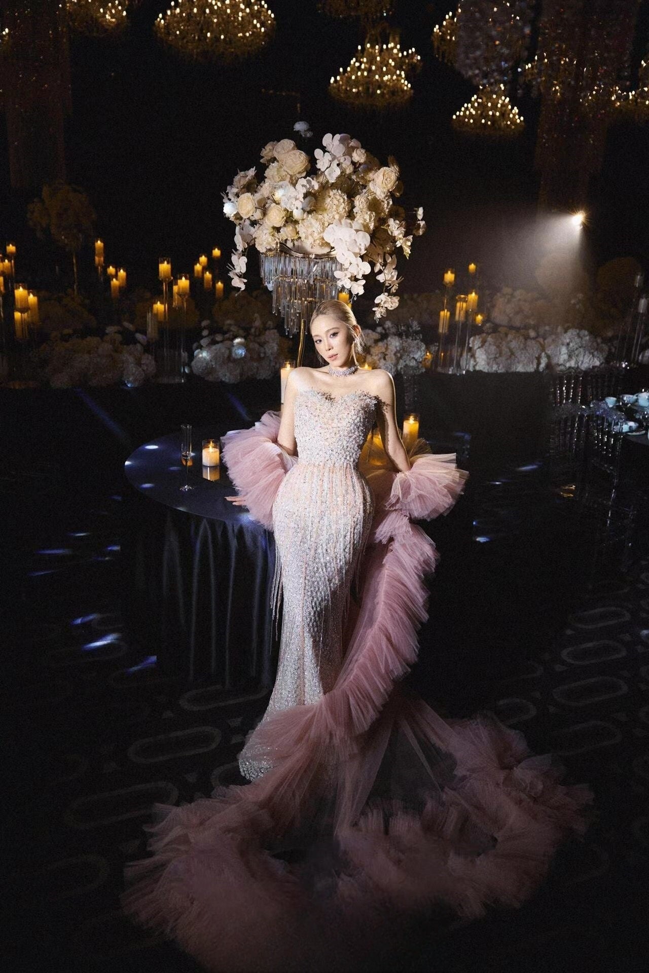 Luxury Crystal Beaded Column Evening Gown with Detachable Pink Tulle Sleeves