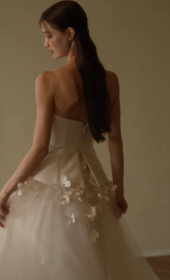 Floral strapless A-line wedding dress with 3D flower Back View