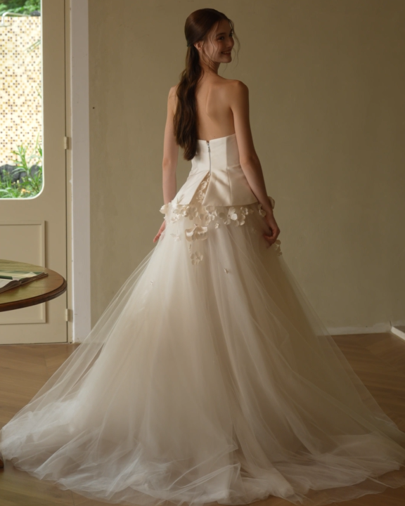 Floral strapless A-line wedding dress with 3D flower Back detail