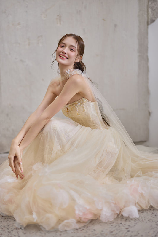 Butter Yellow A-Line Wedding Dress with 3D Floral Appliqués