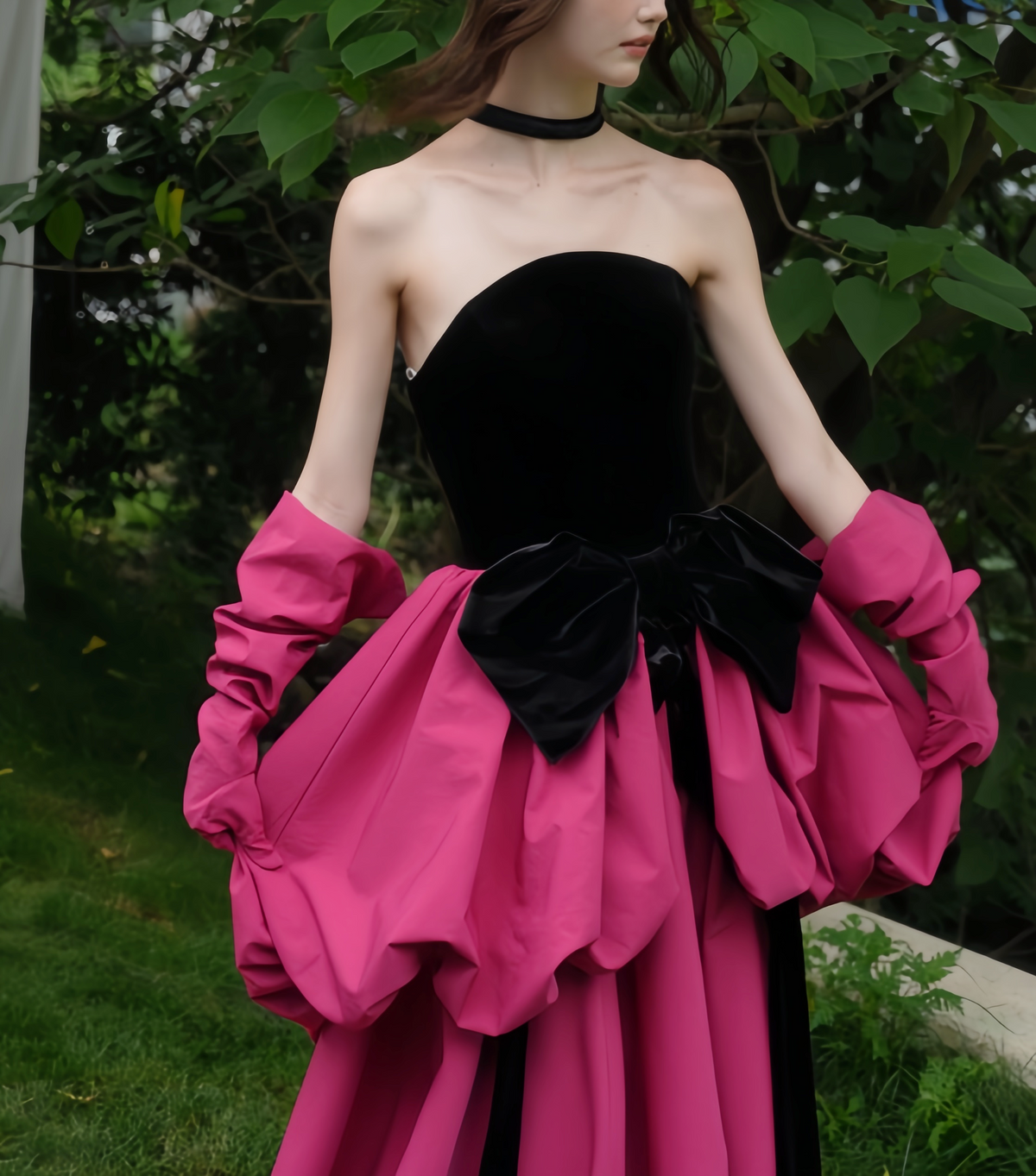 Close-up of velvet fabric and bodice details