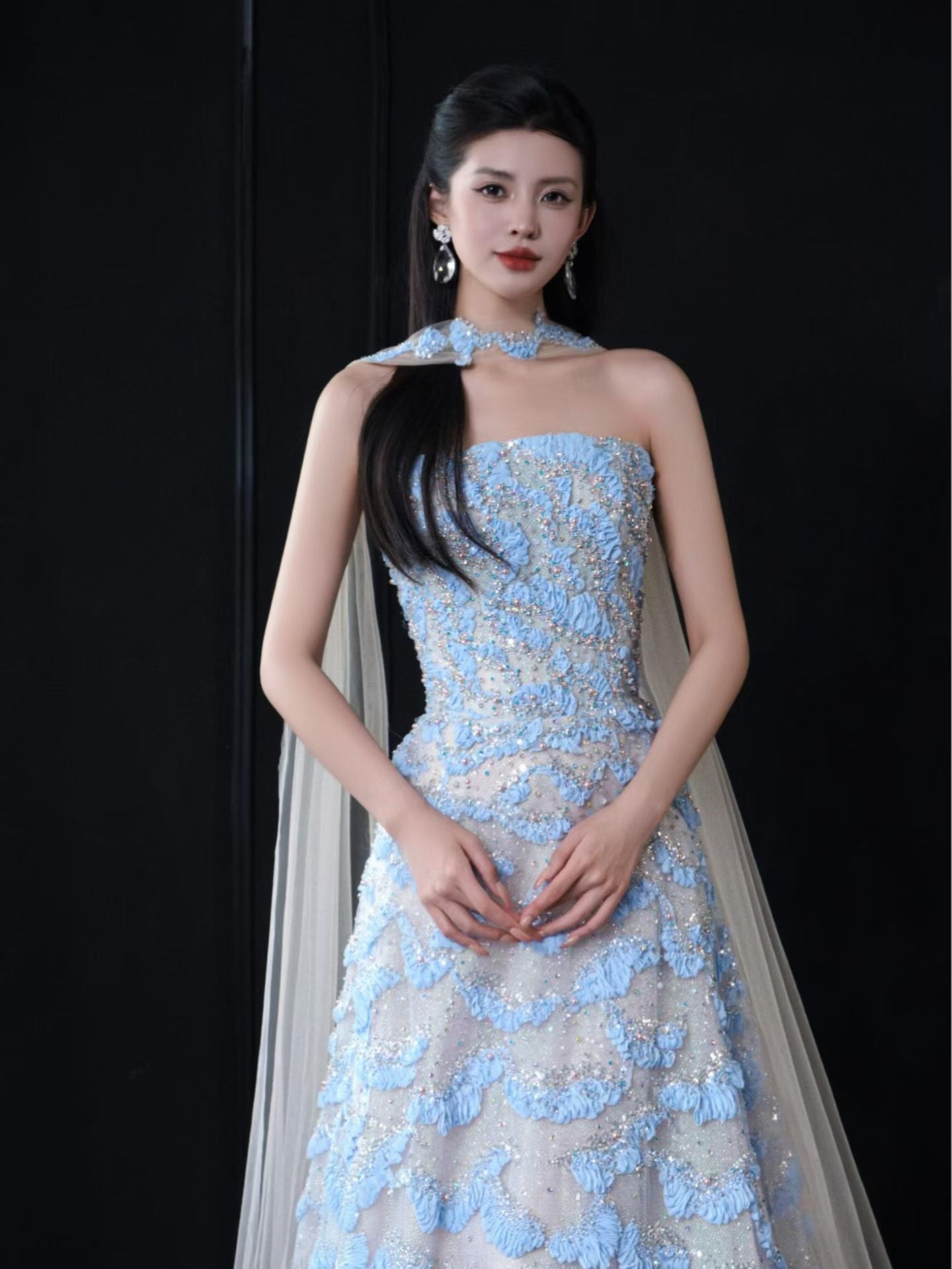 Close View of Light Blue 3D Floral Evening Gown with Cape | A-Line Formal Dress