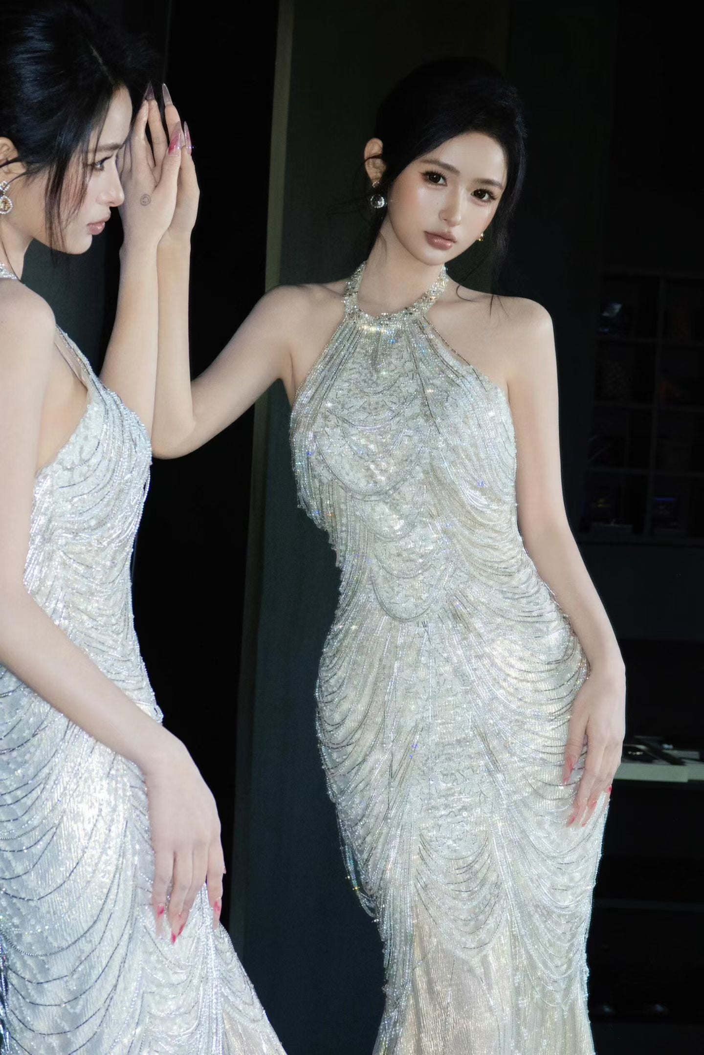 Close of Sparkly beaded halter mermaid wedding dress