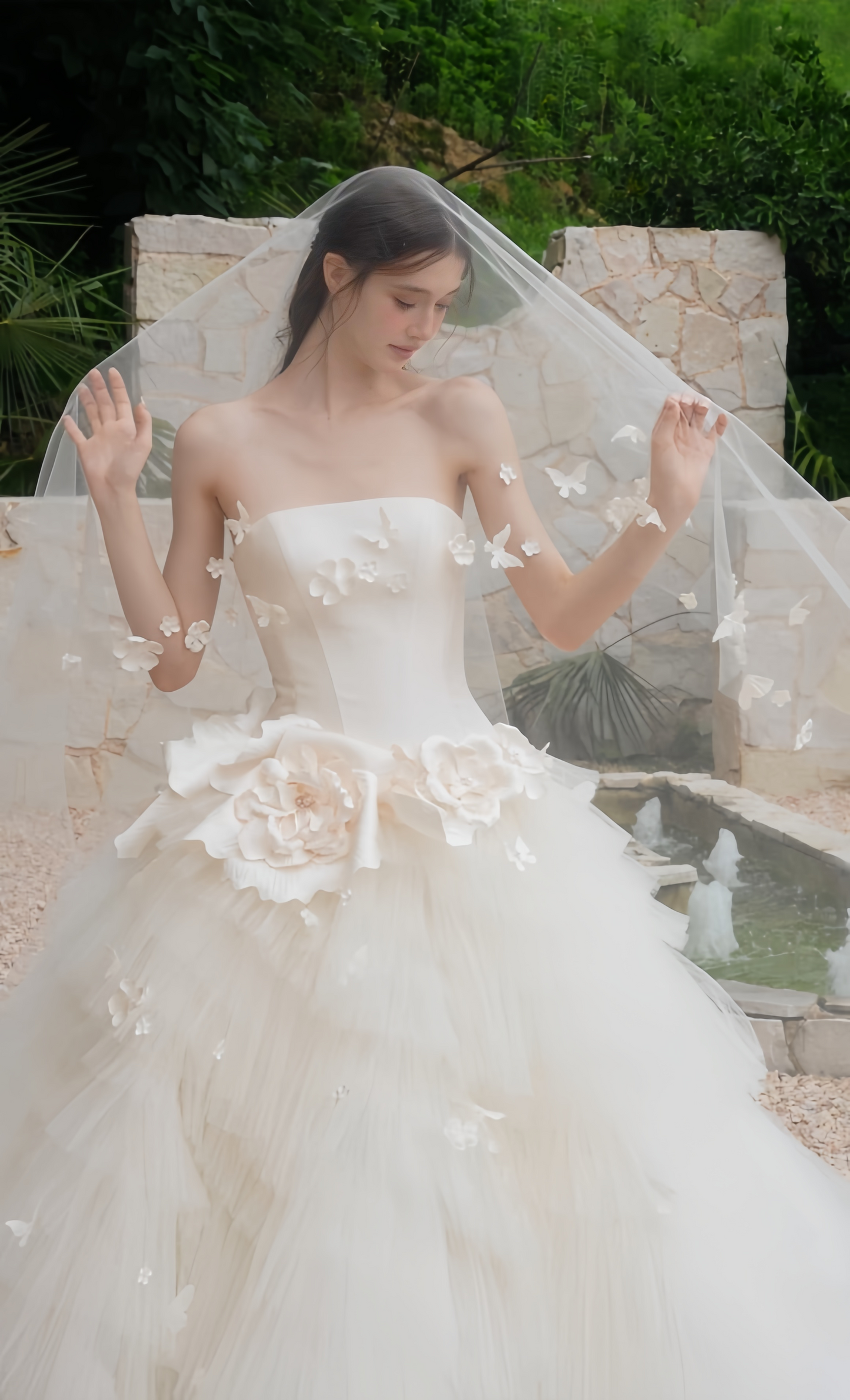 Close view of 3D Floral Tulle Ball Gown Wedding Dress with Long Train