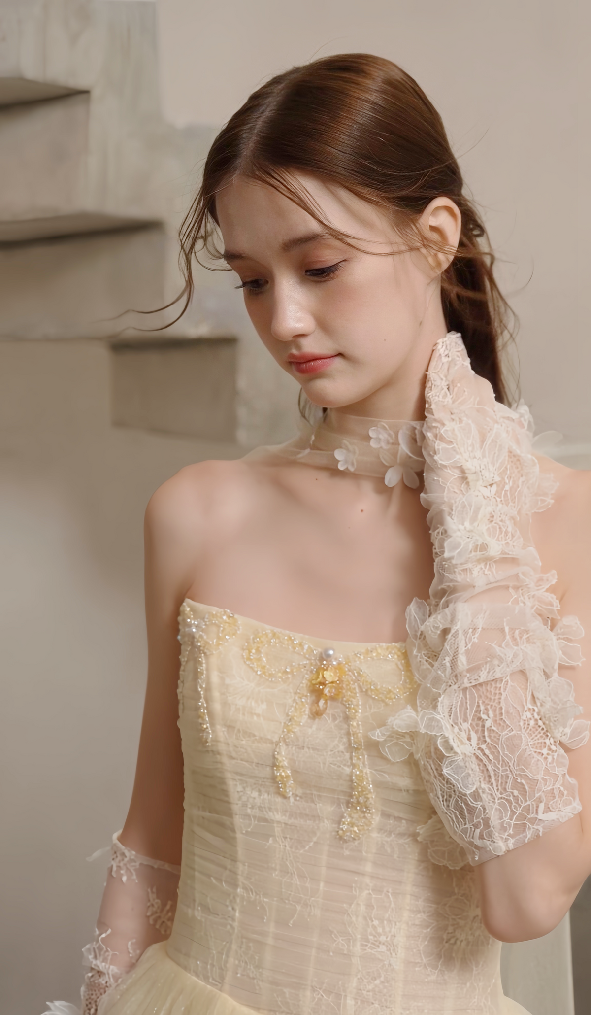 Close view of Butter Yellow A-Line Wedding Dress with 3D Floral Appliqués