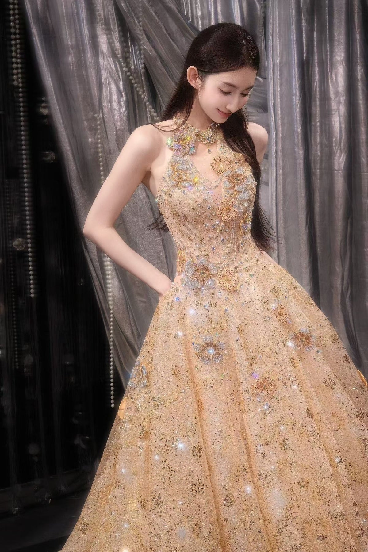 Close view of Champagne Gold Sparkly Ball Gown Wedding Dress | Luxury Bridal Gown