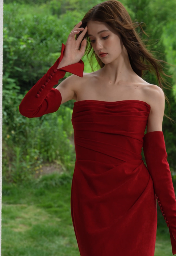Close View of Red Velvet Strapless Evening Gown with Gloves