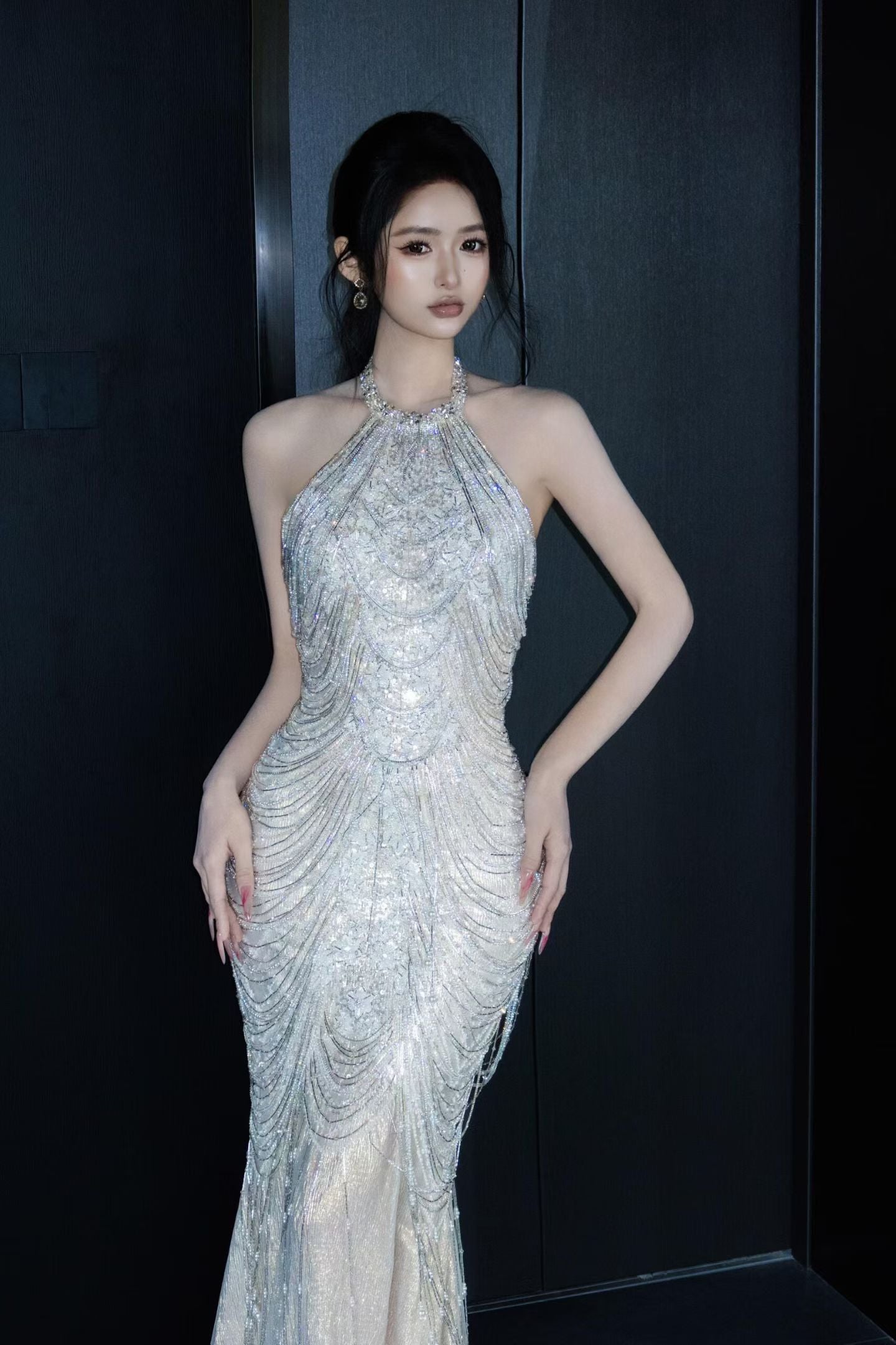Close view of Sparkly beaded halter mermaid wedding dress