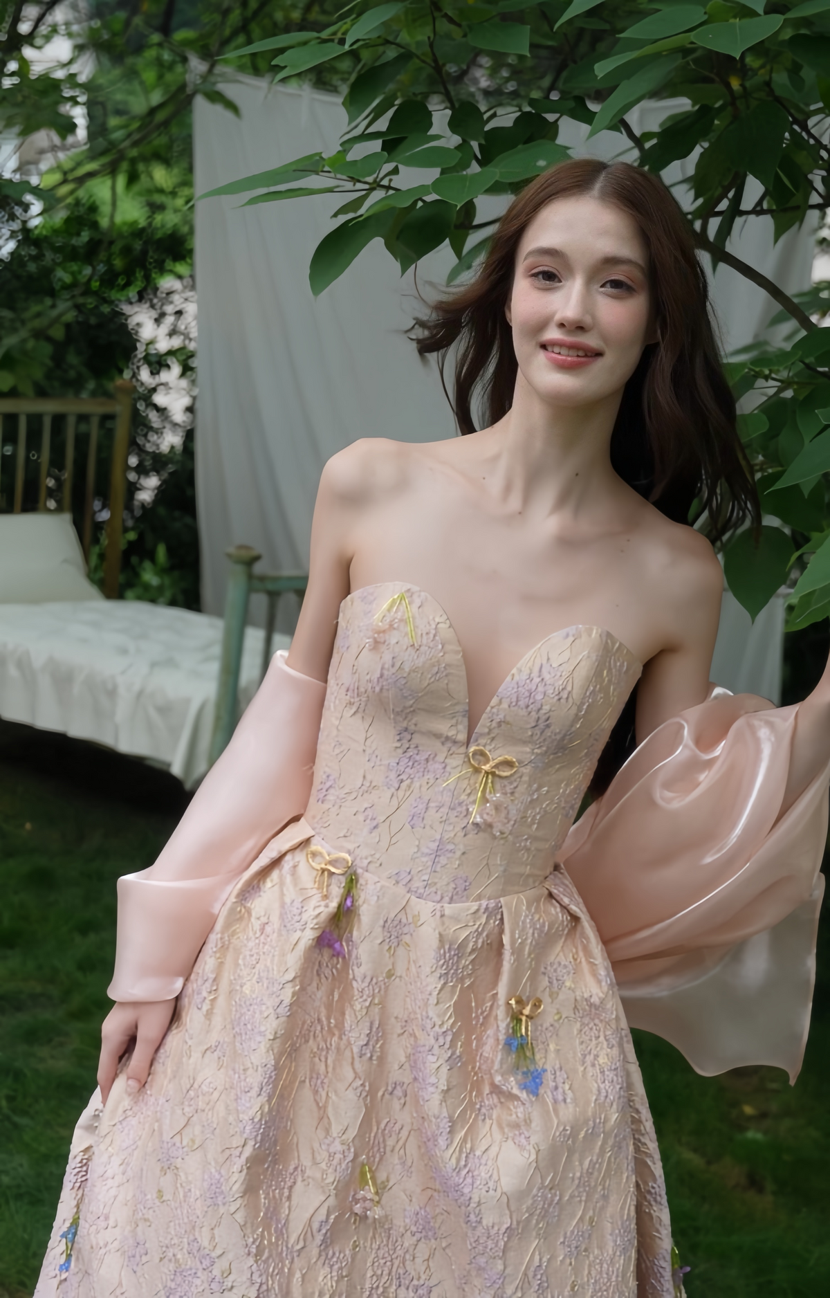 Close view of front Blush Pink A-Line Wedding Dress with Floral Details & Bow