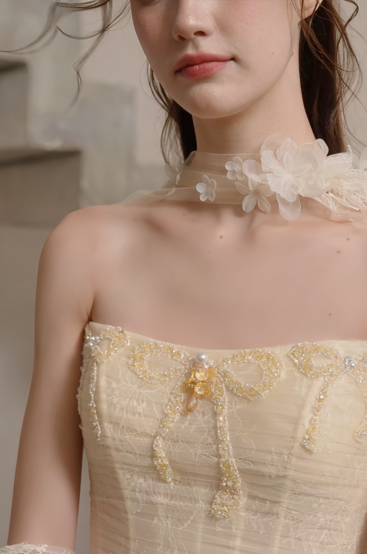 Details of Romantic Butter Yellow A-Line Wedding Dress with 3D Floral Appliqués