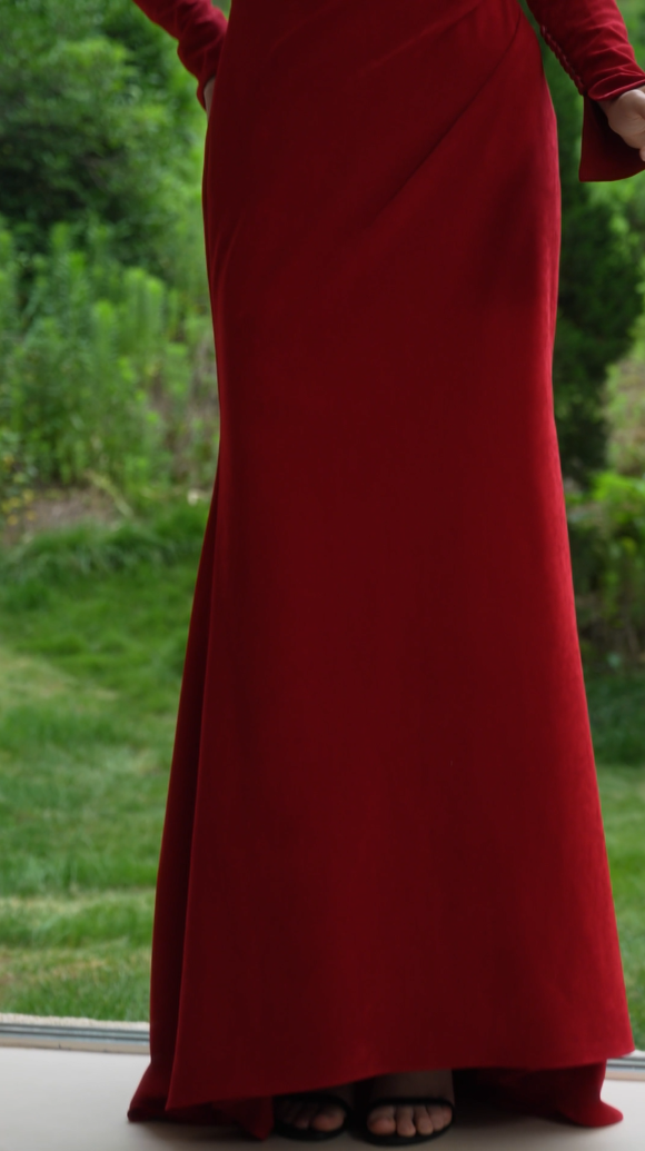 Dress details of Red Velvet Strapless Evening Gown with Gloves