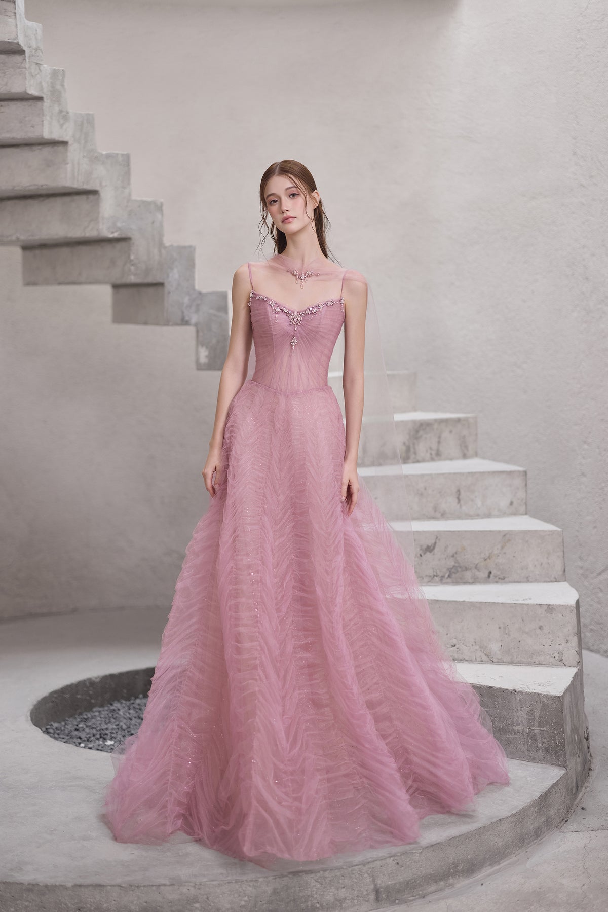 Dusty rose A-line prom dress with crystal beading, sweetheart neckline and layered tulle skirt