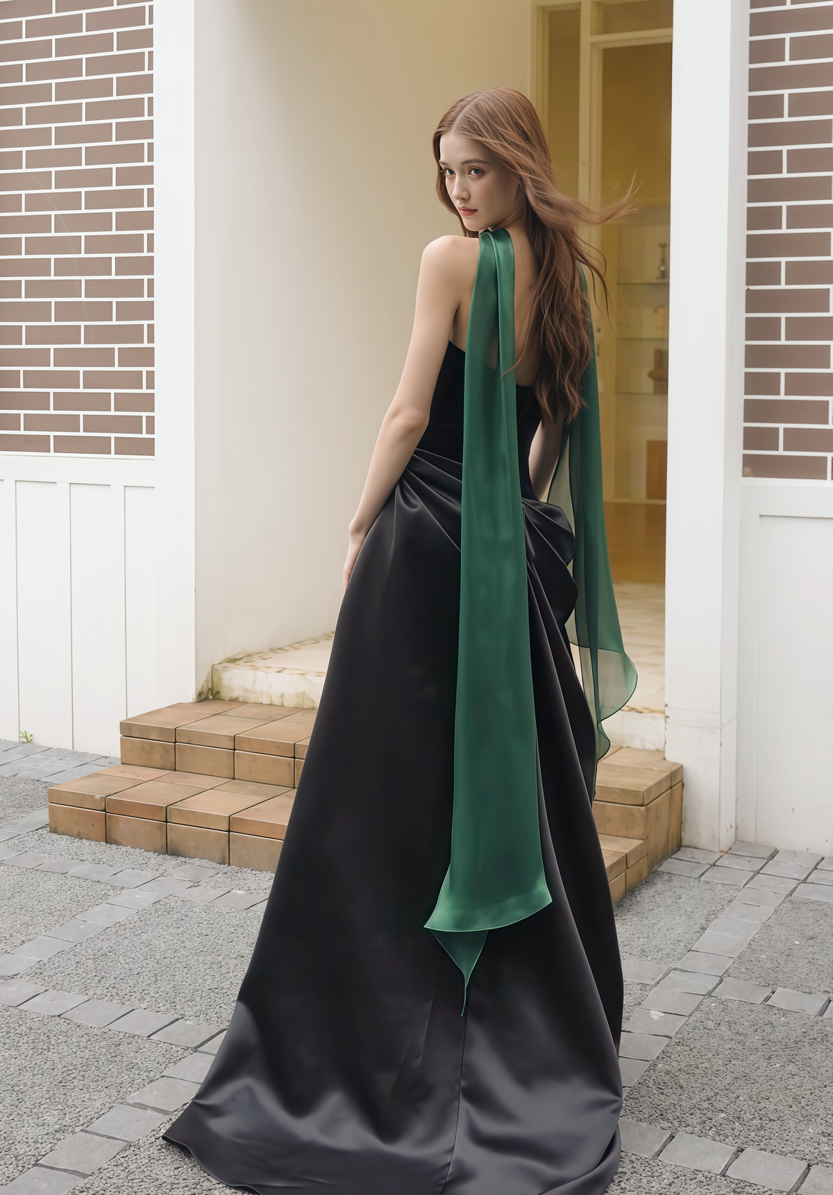 Elegant black strapless evening gown with open back, draped satin skirt and long emerald green scarf, back view