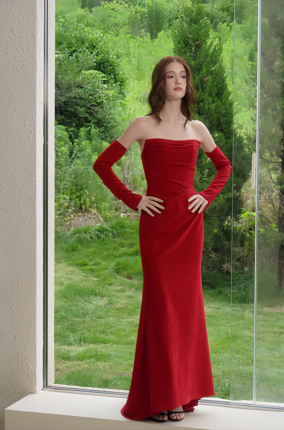 Elegant red velvet strapless evening gown with ruched bodice, fitted silhouette and matching long gloves