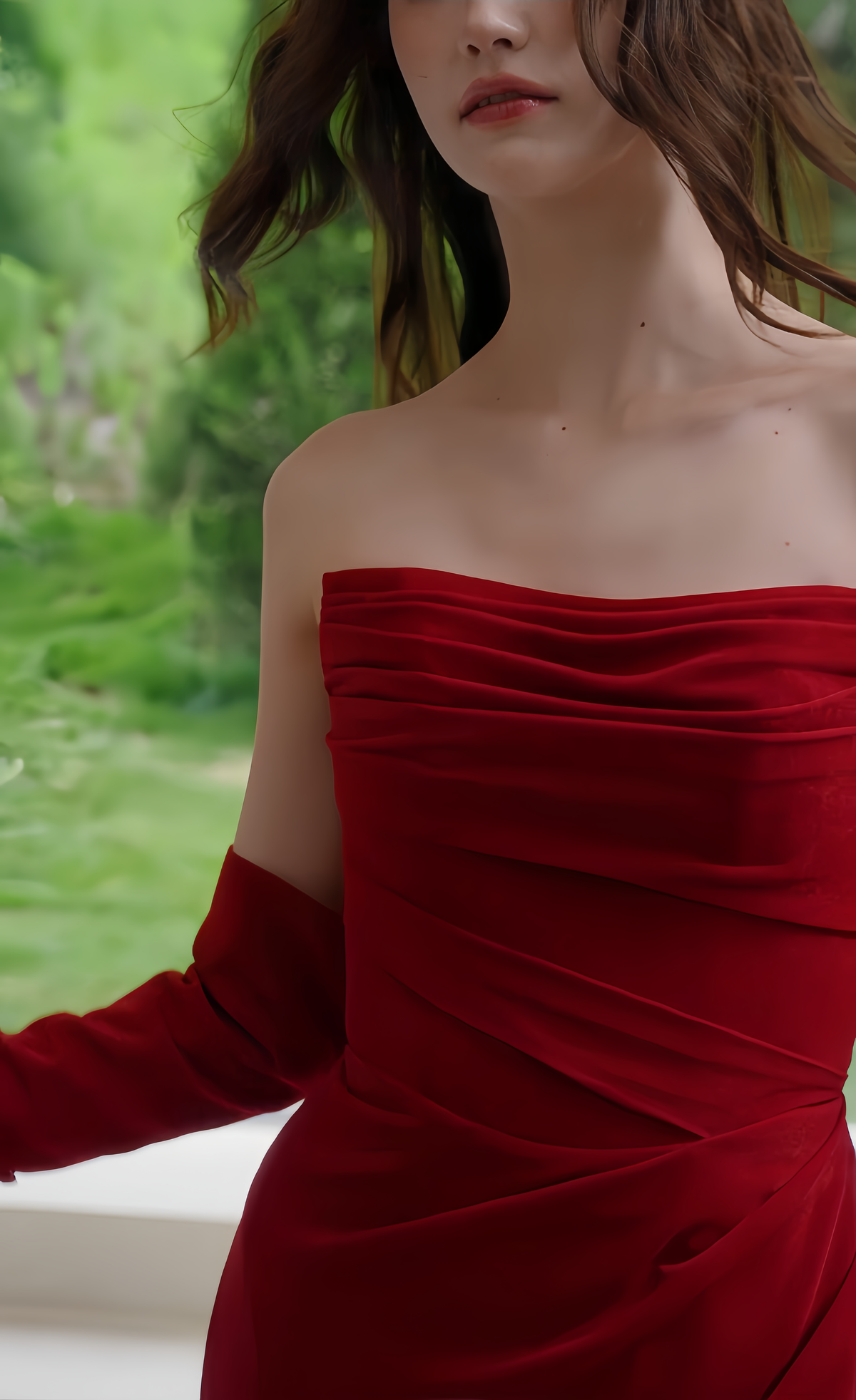 Fabric details of Red Velvet Strapless Evening Gown with Gloves
