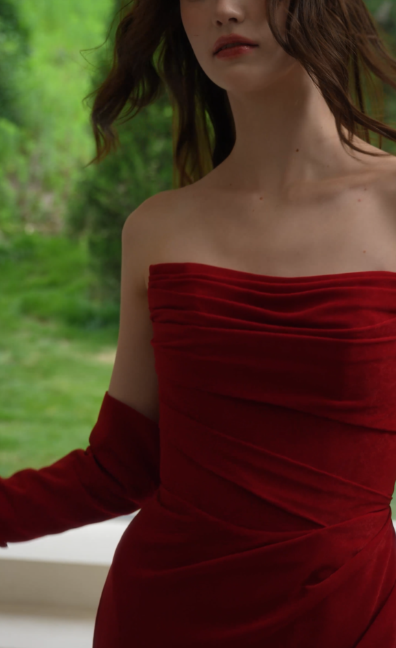 Fabric details of Red Velvet Strapless Evening Gown with Gloves