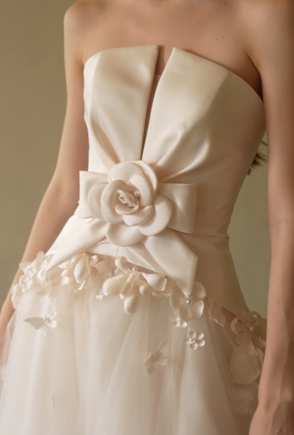 Floral strapless A-line wedding dress with 3D flower waist detail