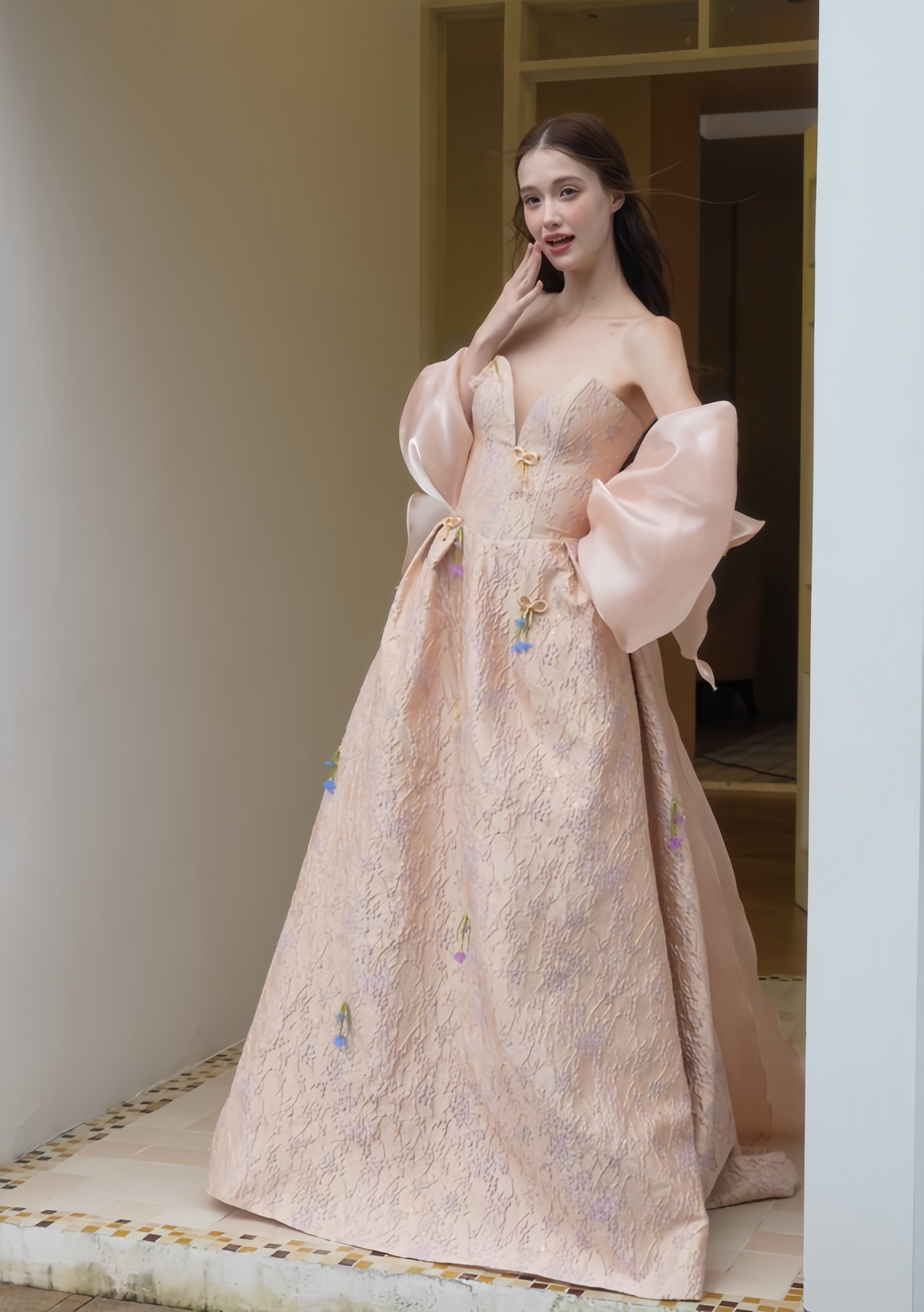 Front view of Blush Pink A-Line Wedding Dress with Floral Details & Bow