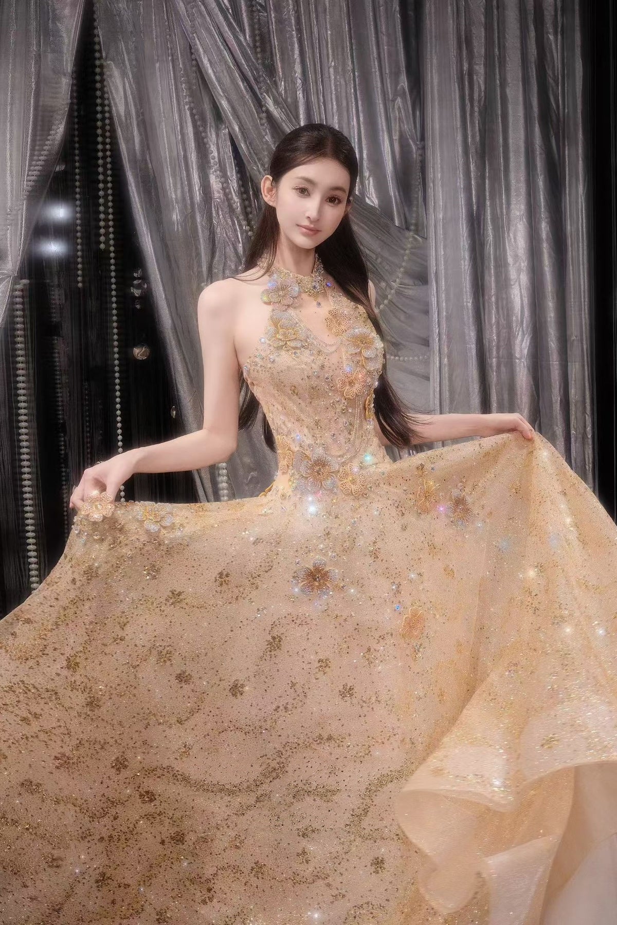 Front view of Champagne Gold Sparkly Ball Gown Wedding Dress | Luxury Bridal Gown