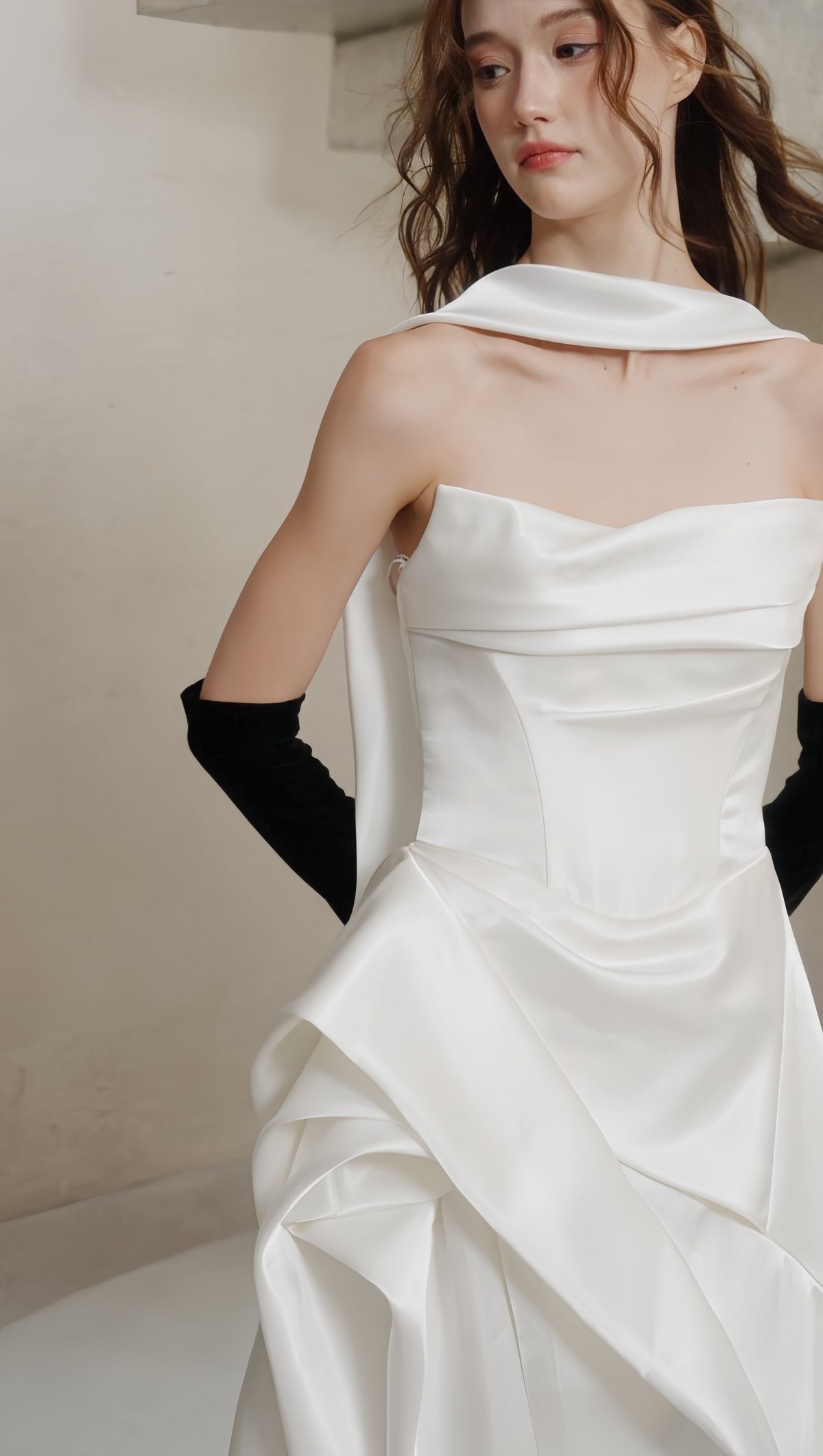 Front view of trapless A-Line Wedding Dress with High Slit & Bridal Scarf