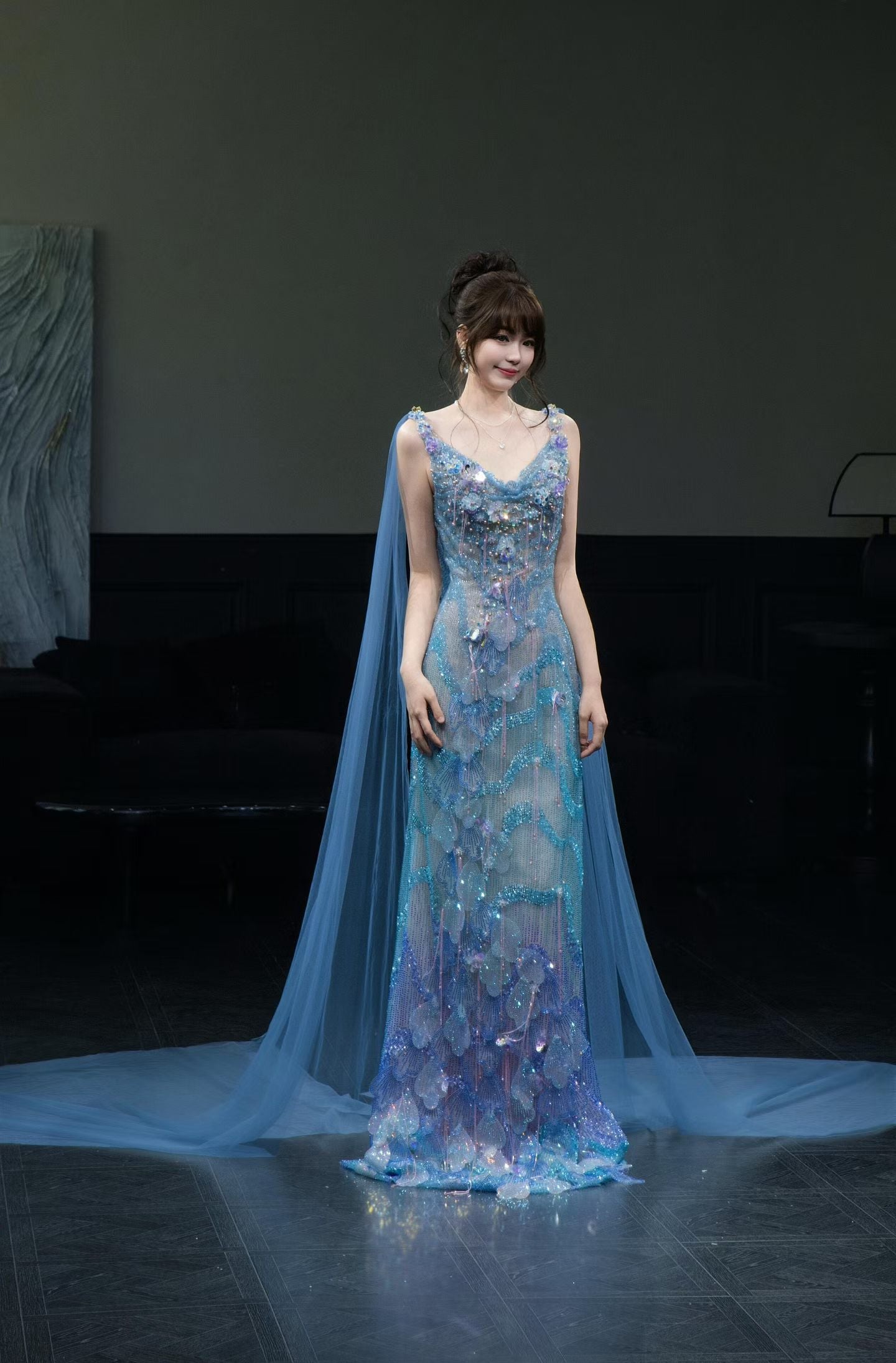 Ice Blue Crystal Beaded Evening Gown with Cape | Sheath Formal Dress