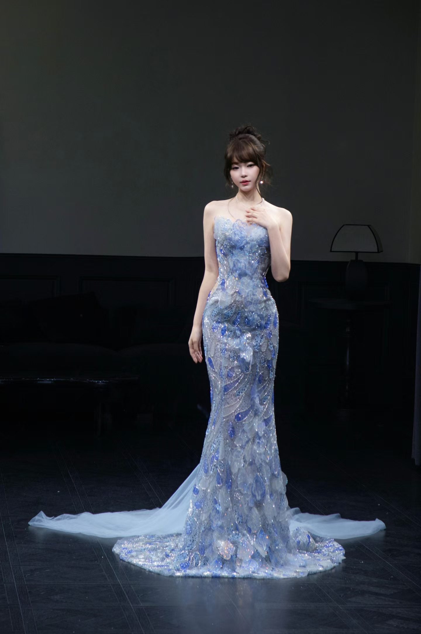 Ice Blue Crystal Beaded Mermaid Evening Gown | Luxury Formal Dress