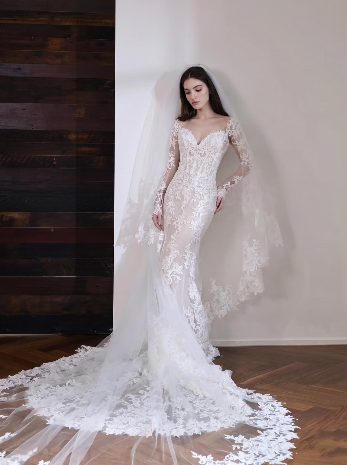Long sleeve lace mermaid wedding dress with cathedral train and bridal veil