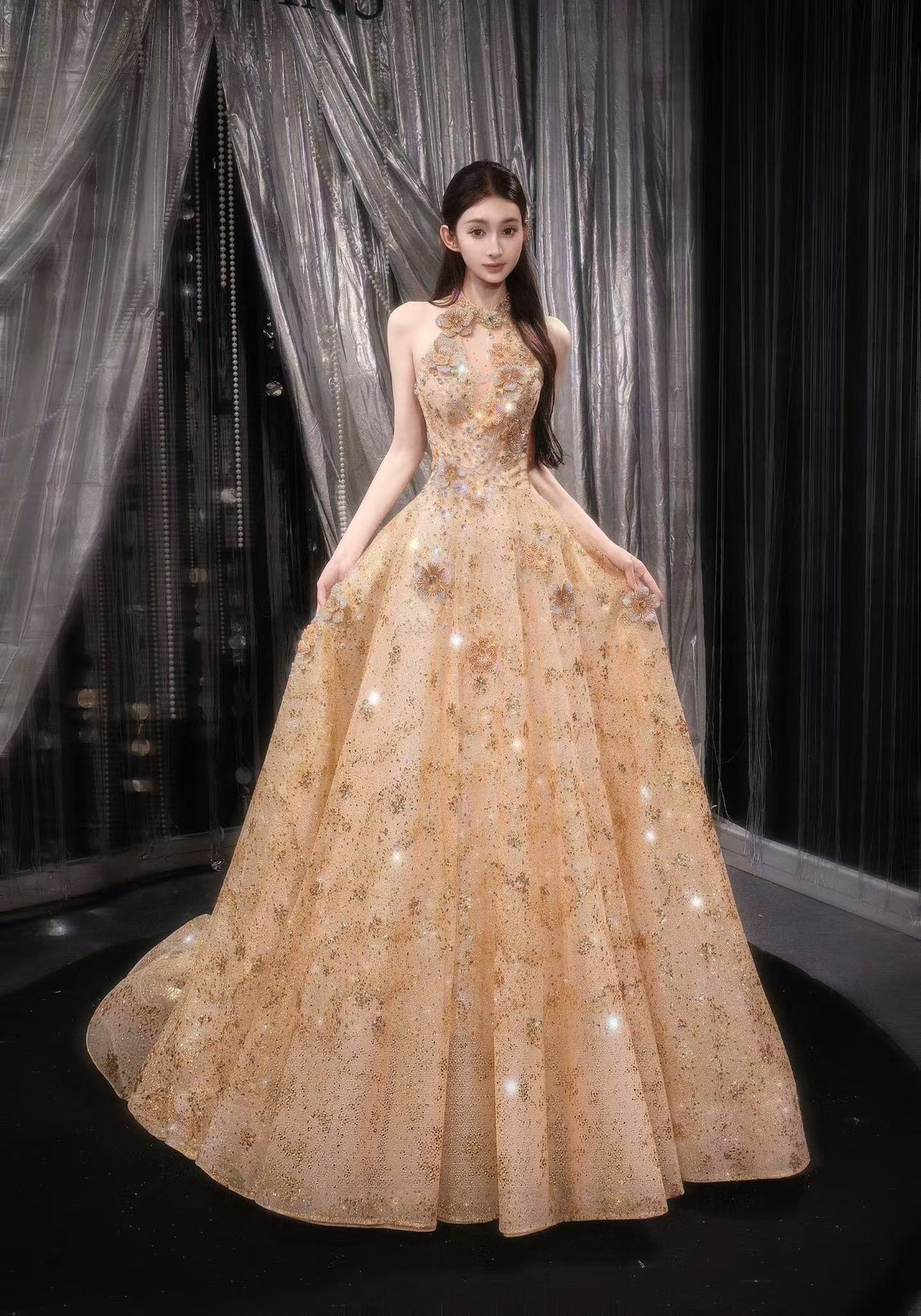 Luxury champagne gold sparkly ball gown wedding dress with halter neckline, 3D floral appliqués and glitter tulle skirt