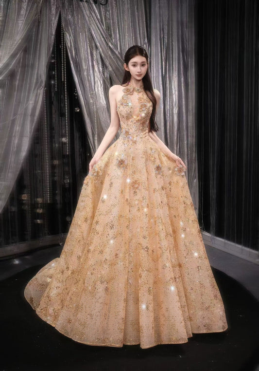 Luxury champagne gold sparkly ball gown wedding dress with halter neckline, 3D floral appliqués and glitter tulle skirt
