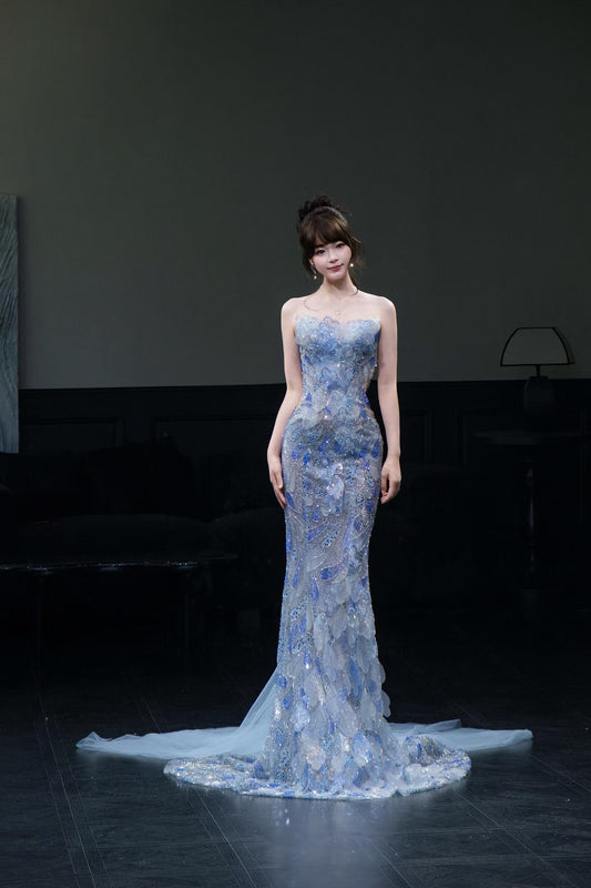 Luxury ice blue crystal beaded mermaid evening gown with 3D embellishments, fitted silhouette and elegant sweep train
