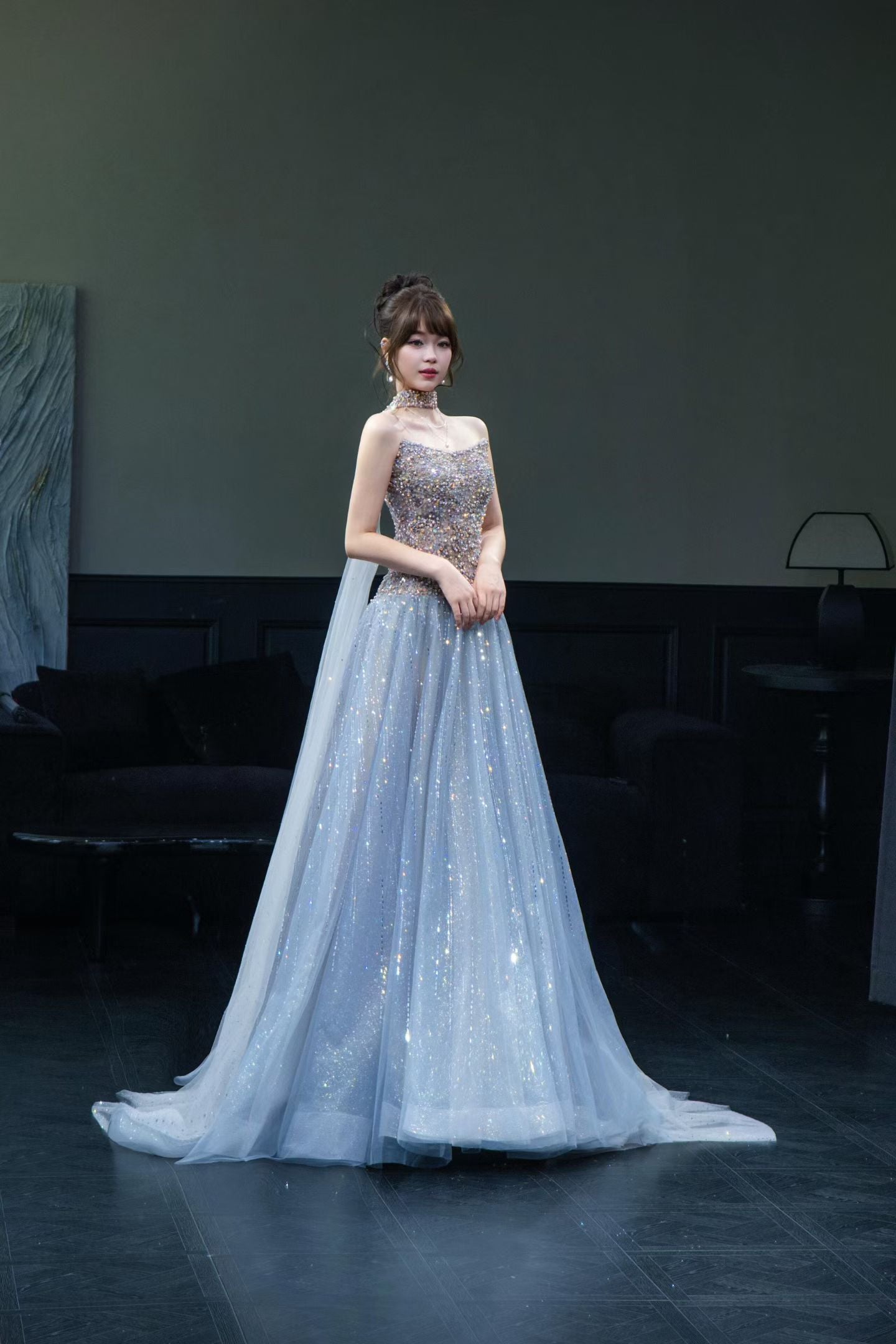 Luxury ice blue sparkly A-line prom dress with crystal beaded bodice, glitter tulle skirt and elegant sweep train