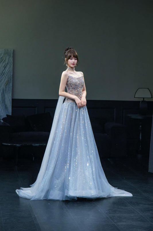 Luxury ice blue sparkly A-line prom dress with crystal beaded bodice, glitter tulle skirt and elegant sweep train