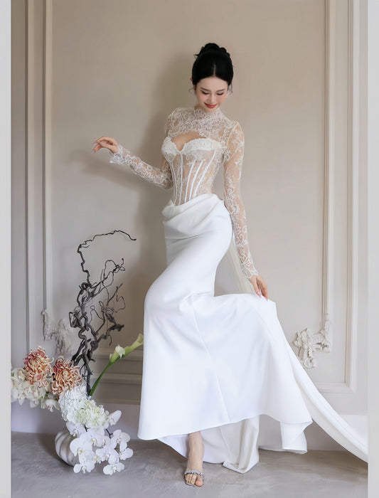 Luxury lace corset sheath wedding dress with sweetheart neckline, sheer boned bodice, draped skirt