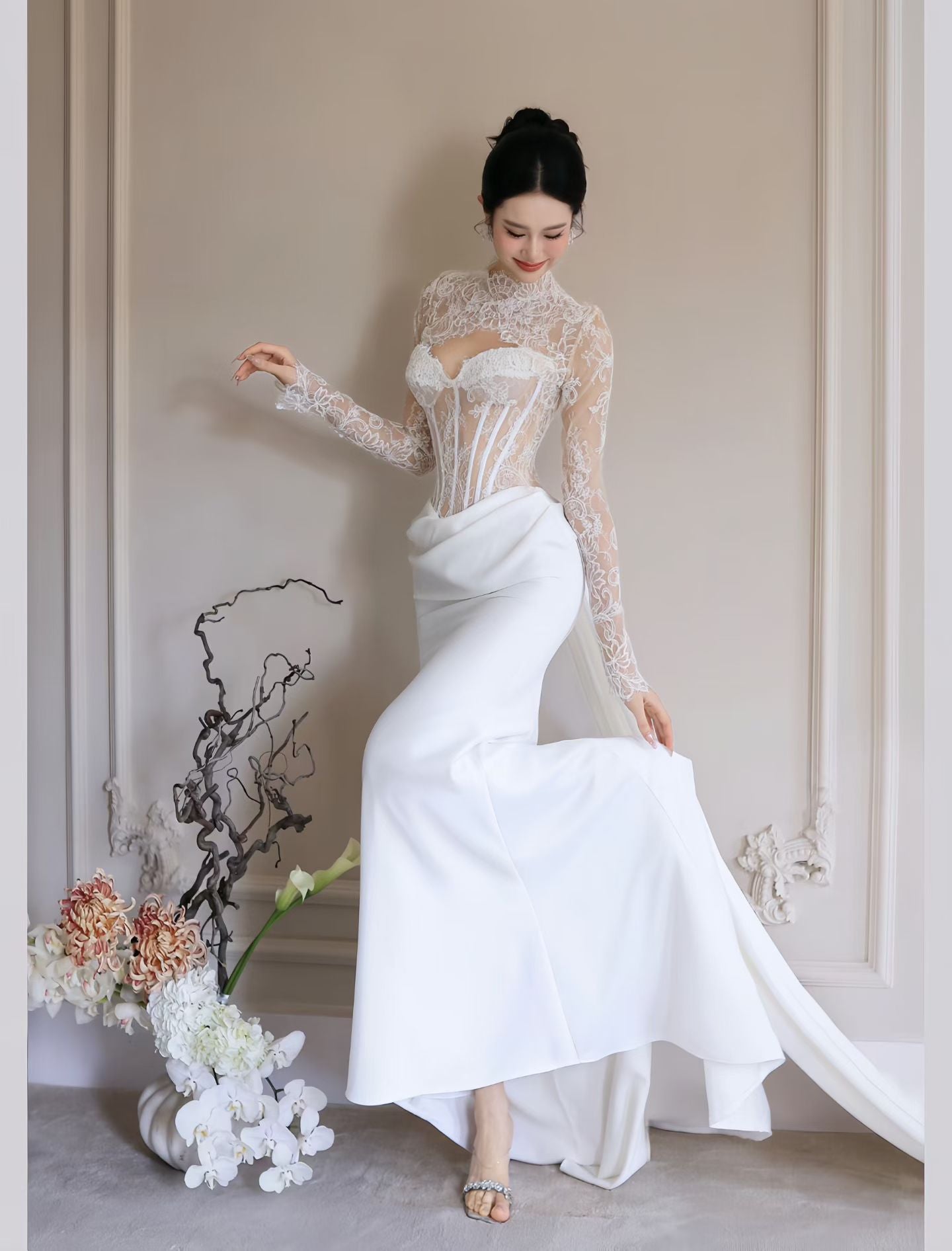 Luxury lace corset sheath wedding dress with sweetheart neckline, sheer boned bodice, draped skirt