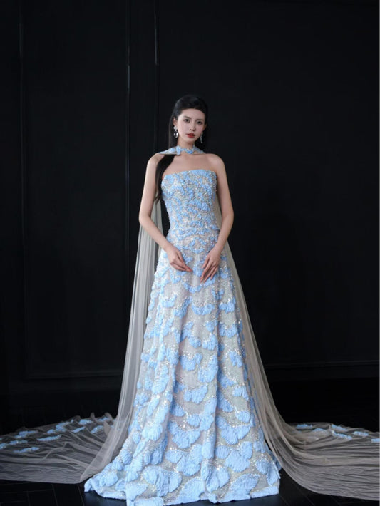 Luxury light blue 3D floral A-line evening gown with sparkling embellishments and dramatic sheer cape train