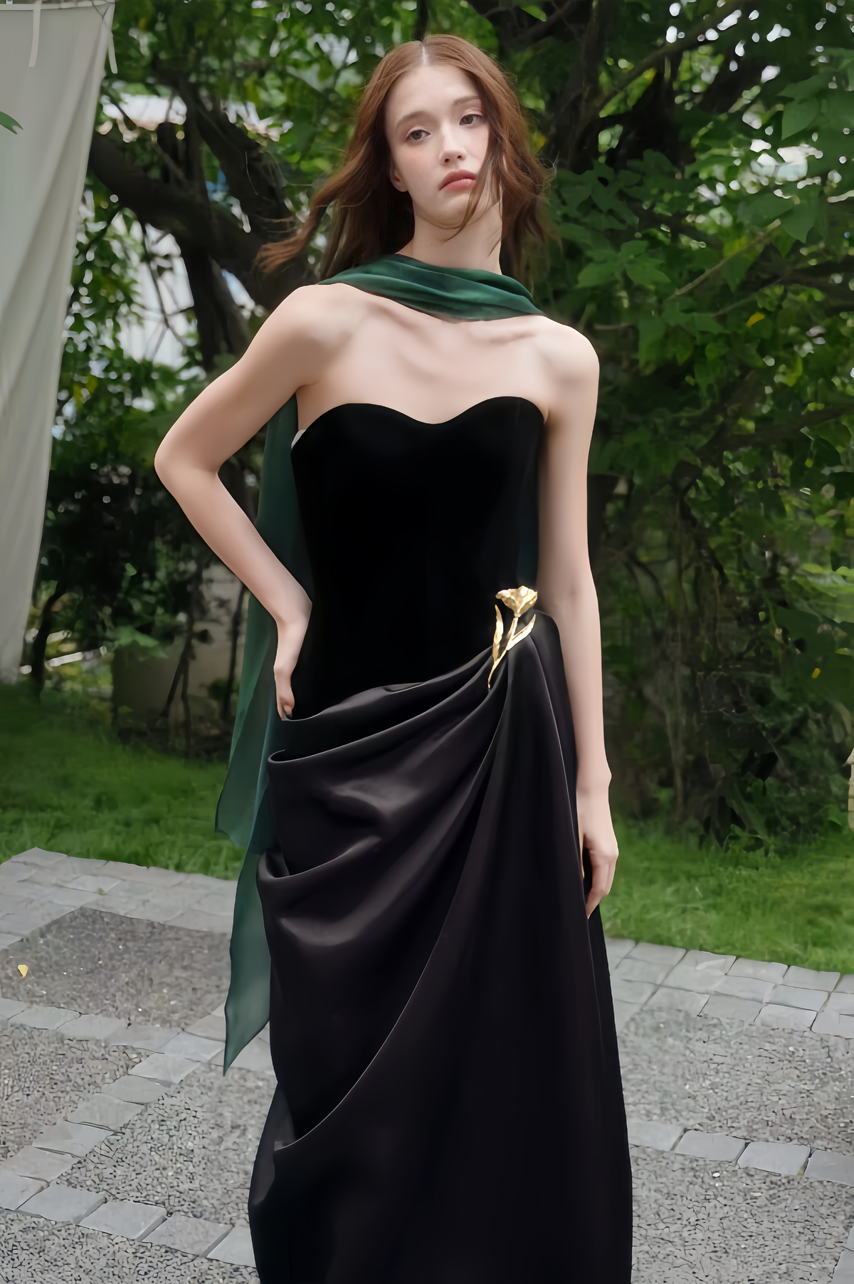 Outdoor view of Black Strapless Satin Evening Gown with Draped Skirt | Formal Dress