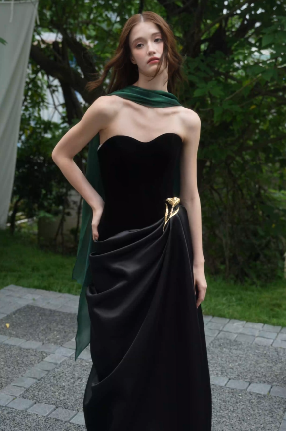 Outdoor view of Black Strapless Satin Evening Gown with Draped Skirt | Formal Dress